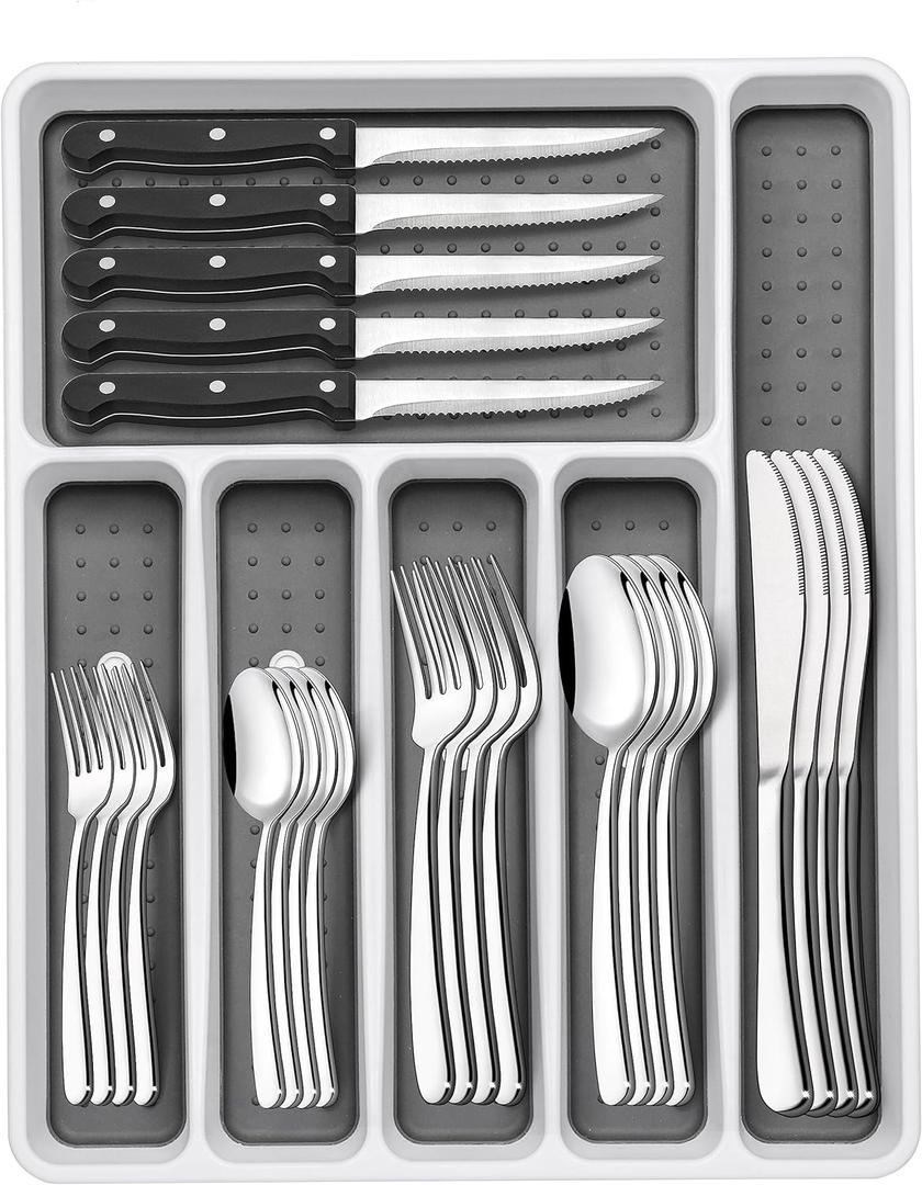 49-Piece Silverware Set with Organizer, Heavy Duty Stainless Steel Flatware Set for 8, Cutlery Utensil Sets with Steak Knives, Rust-proof, Mirror Polished, Dishwasher Safe, Heavy Duty