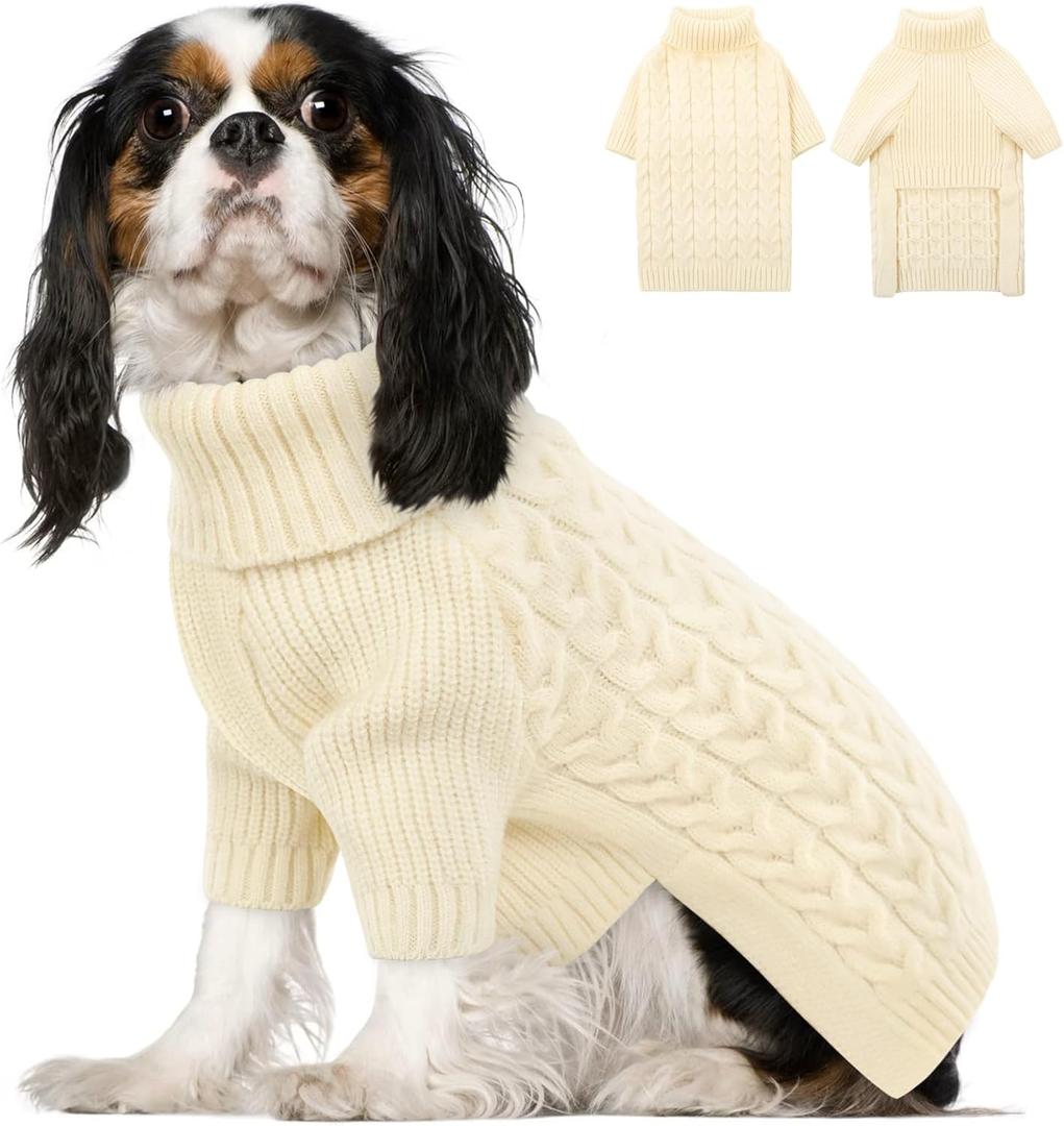 Queenmore Small Dog Sweater, Dog Christmas Sweater, Warm Soft Sweaters for Dogs Girl Boy, Knit Winter Coat for Small Medium Large Dog (White, S) (Small, White)
