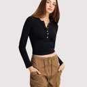 Women 2025 Henley T Shirts Ribbed Button Slim Fit Basic Casual T Shirts Going Out Trendy Outfits Basic Tops Blouse (Black)