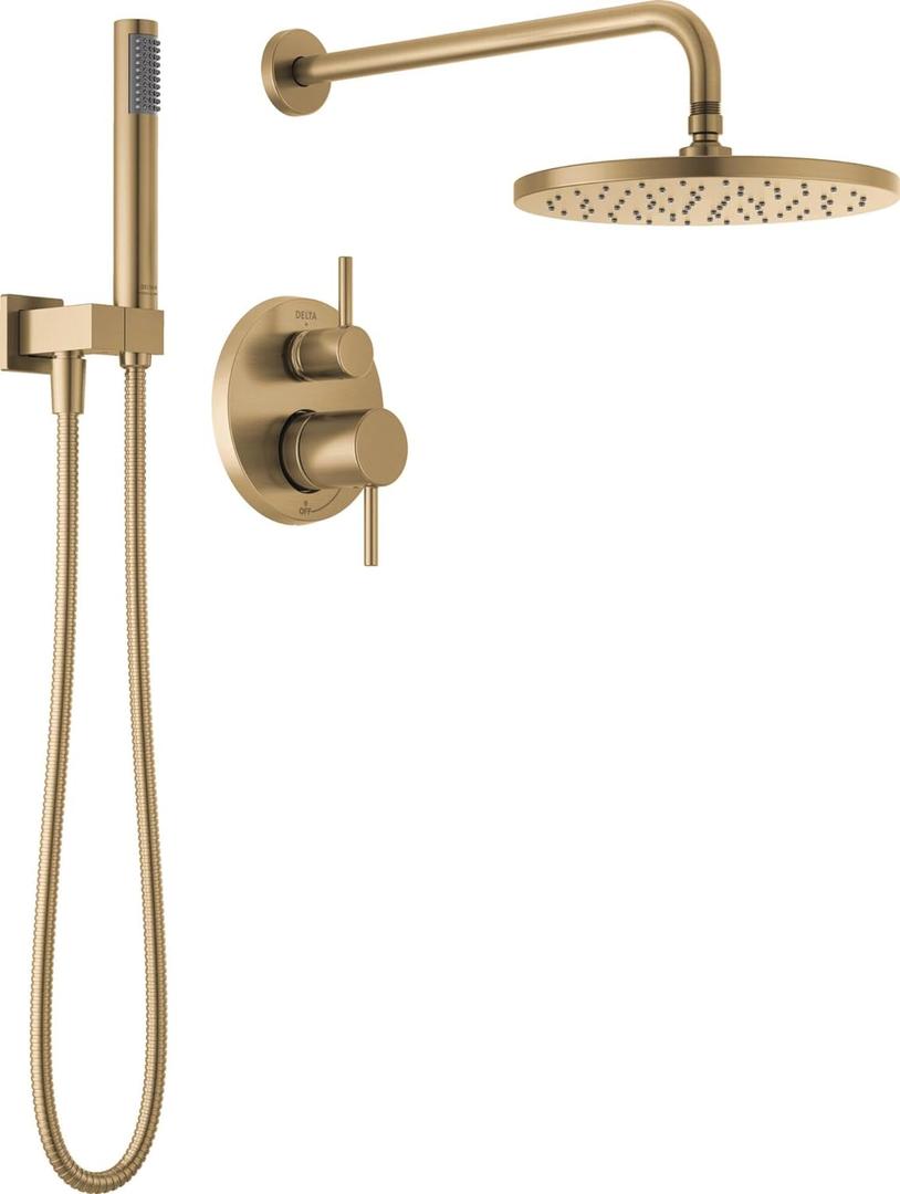 Delta Modern 14 Series Round Rain Shower System Faucet Set, Rainfall Brushed Gold Shower Head and Handle Set, Valve Trim Kit, 10 Inch, Champagne Bronze 342702-CZ