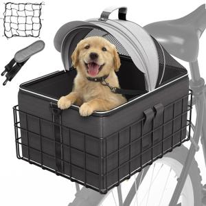 YEEGO DIRECT Dog Bike Basket for Rear Rack, 2-in-1 Pet Carrier & Cargo Basket, Detachable Dog Carrier for Bicycle with Safety Leash, Fits Small Medium Dogs Cats up to 20 LBS, Basket Patented Design