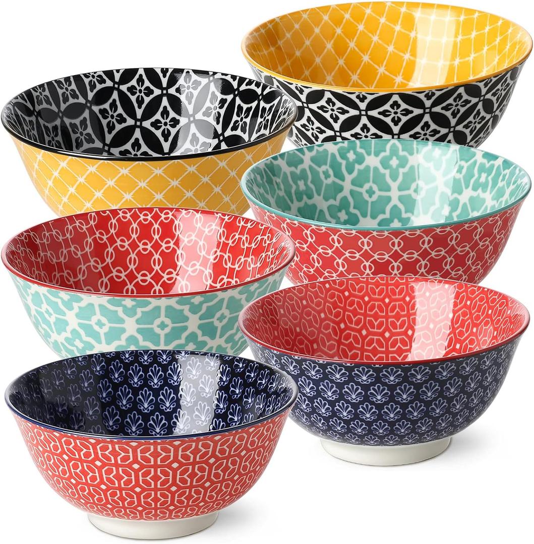 DOWAN Soup Bowls Set of 6, Cereal Bowls for Kitchen, 23 OZ Large Ceramic Bowl, Colorful Vibrant Patterned Porcelain Bowls for Kitchen Decor and Housewarming Gift, Dishwasher and Microwave Safe (Multicolor)
