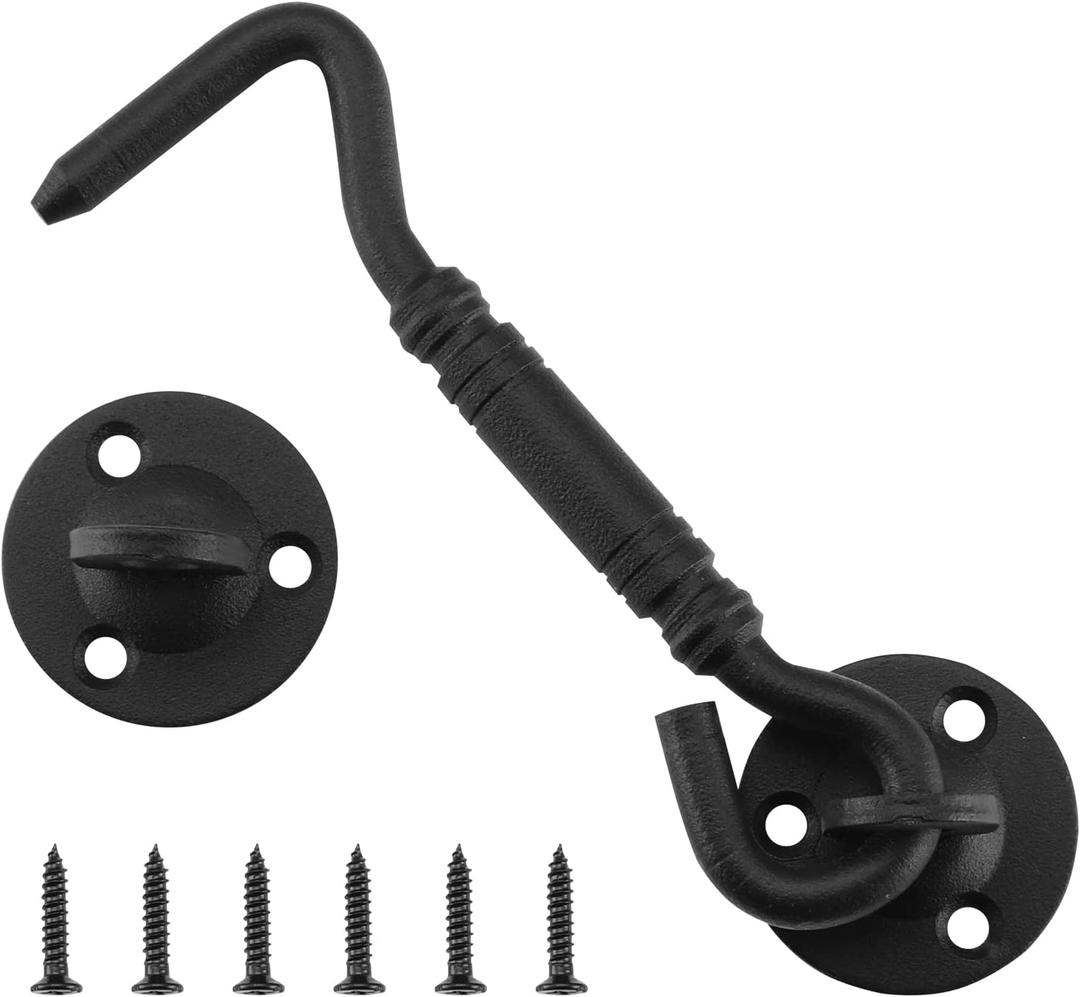 HOME MASTER HARDWARE Barn Door Hook and Eye Latch 4" Privacy Hook Lock Hardware Rust-Proof Gate Latch Cabin Hooks for Sliding Doors,Bathrooms,Outdoor,Windows,Bedrooms,Cabinet,1 Pack Black with Screws