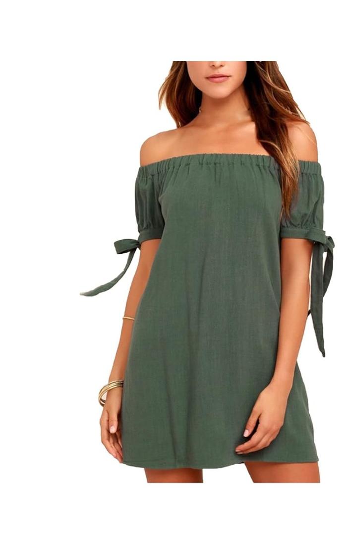 Women's Ruffle Dresses Off Shoulder Tie Flared Sleeve Mini Dresses Solid Color Casual Shift Plus Size Dresses, S