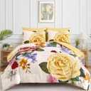Drucon Yellow Floral Comforter Queen Size 7 Pieces Bedding Sets Bed in a Bag, Botanical Floral Comforter with Sheet Set, Soft Microfiber Bedding Set for All Season(Yellow, 90"x90")
