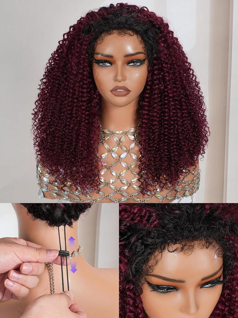 12" Kinky Curly Half Wig Human Hair Burgundy & Dark Roots | Seamless 4C Hairline | Flip-Over Drawstring | True Length | 3-in-1 Styling | Gym-Proof (T1B/99J)