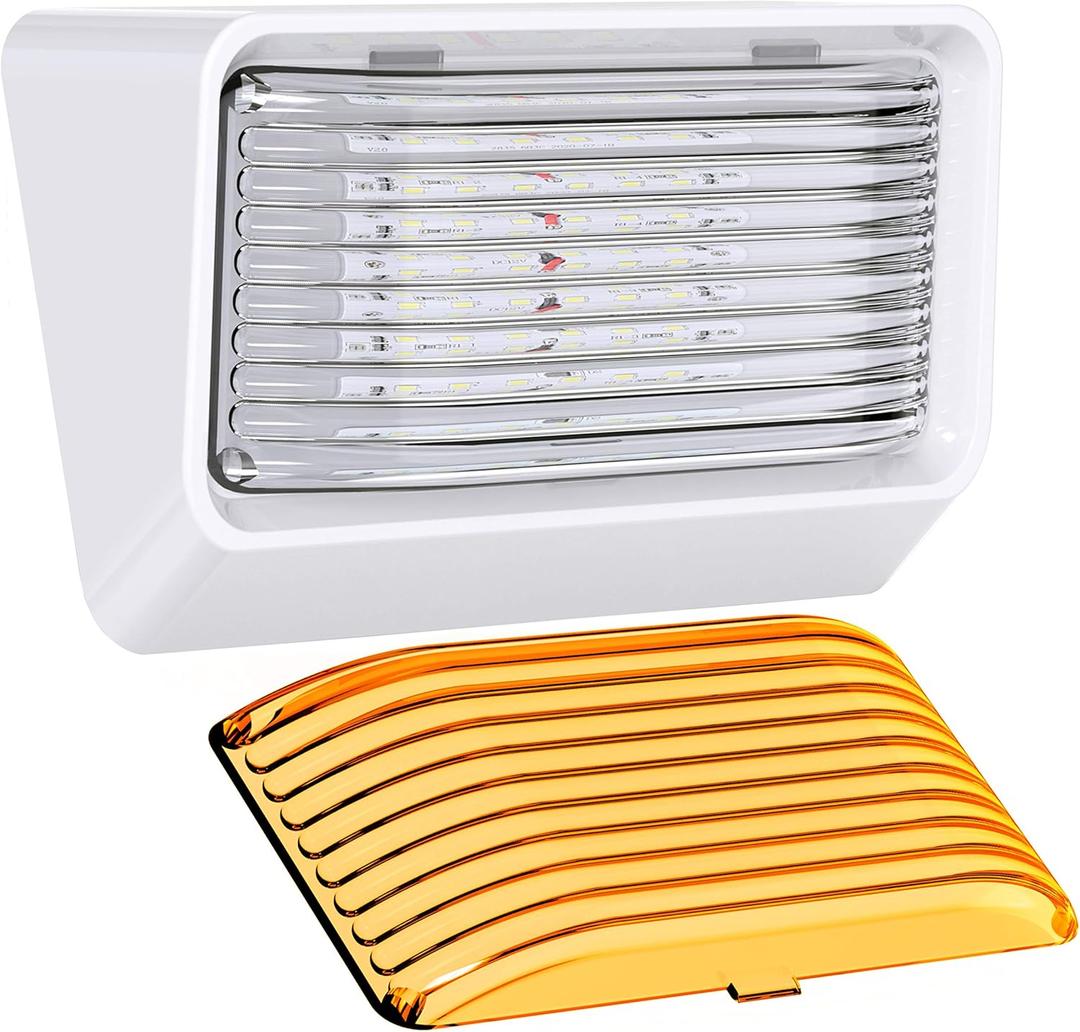 RV Exterior Porch Utility Light - 12v 280 Lumen Lighting Fixture. Replacement Lighting for RVs, Trailers, Campers, 5th Wheels. White Base, Clear and Amber Lens Included (White, 1-Pack)