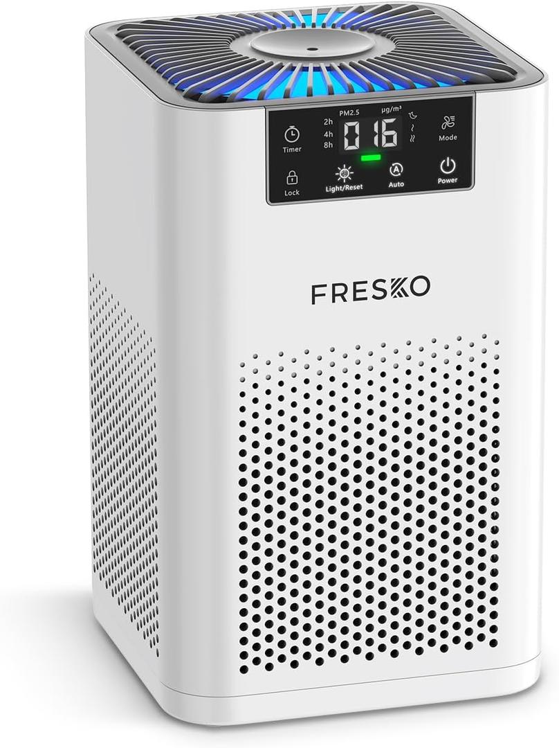 FRESKO Small Air Purifier for Home, HEPA Air Purifiers for Pet Hair, Odors, Quiet Air Cleaner with Aromatherapy for Bedroom & Office, Real-Time PM 2.5 Display, 22dB Sleep Mode, 360Airflow, White