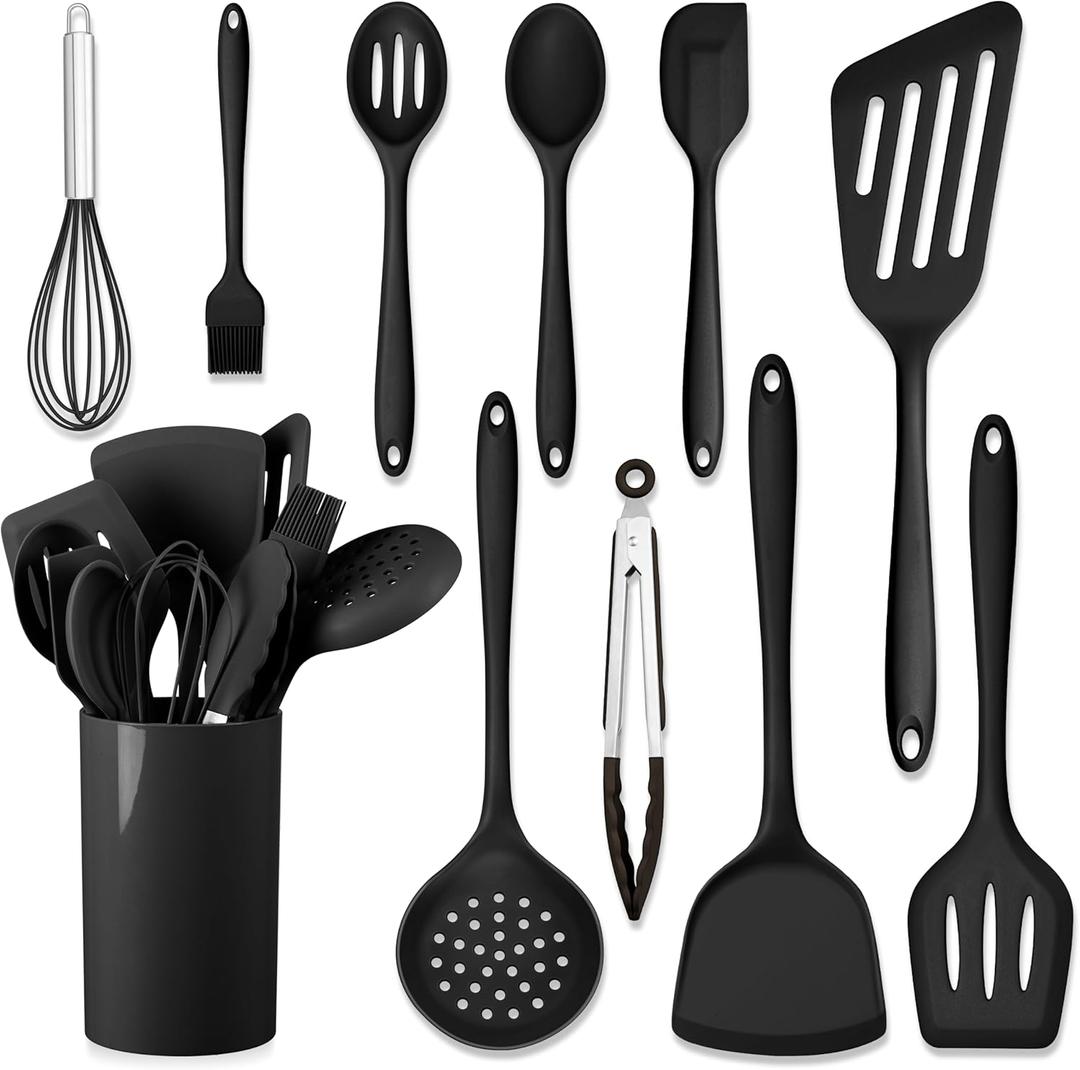 HaWare 11 PCS Silicone Cooking Utensils Set, Heat Resistant Kitchen Utensils with Holder, Food-grade Spatula Sets for Nonstick Cookware, Kitchen Tools Gadgets Include Fish Turner, Spoon (Black), 11 Pieces