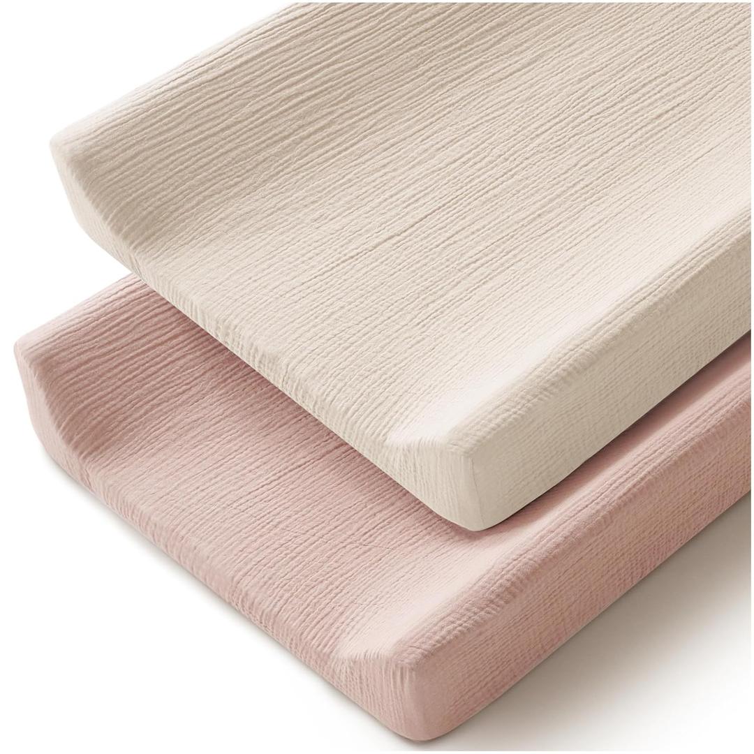MairMore Changing Pad Cover for Neutral Baby Muslin Soft Cotton Diaper Changing Table Pad Cover Changing Pad Sheets for Girls and Boys - 2 Pack(Ivory&Pink)