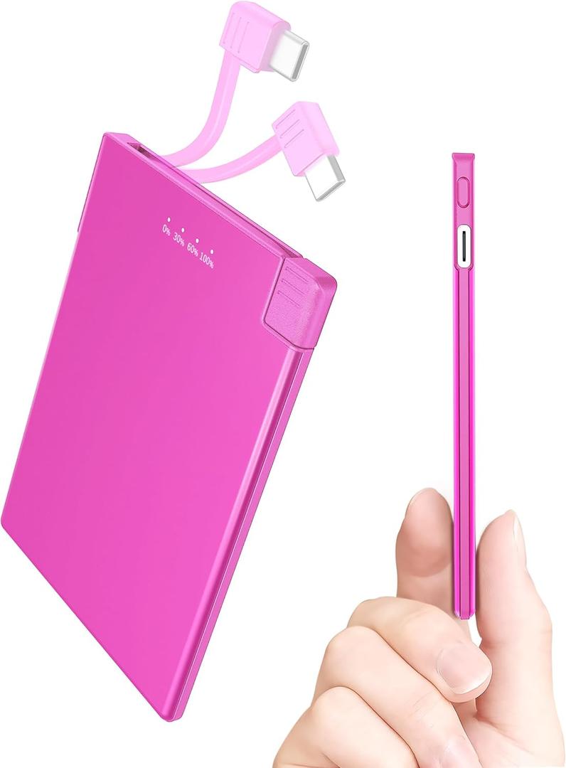 TNTOR Portable Charger with Built in USB-C Cable Ultra Slim Credit Card Size Power Bank for Pocket Wallet Battery Pack Compatible with iPhone 15 16 Samsung, Google etc