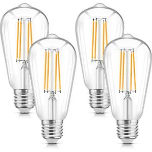 WIHTU LED Filament Light Bulbs, Bright Vintage 6W LED Edison Bulbs, St58 2700K Warm Light Bulbs with CRI 85+, E26 Standard Base, 900LUM, Non-Dimmable, Clear Glass, Pack of 4
