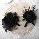 2Pcs Corsage and Boutonniere Set Rose Wrist Corsage Wristlet Band for Wedding Flowers Prom Party Homecoming Decoration (Black)