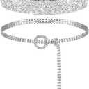 Pangda 2 Pcs Women Stretchy Rhinestone Dress Glitter Belts O Ring Buckle Bling Diamond Belts for Women Shiny Party