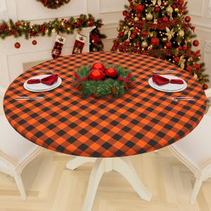 Smiry Round Picnic Tablecloth, Elastic Waterproof Fitted Vinyl Tablecloths for 36"-44" Tables, Flannel Backed Buffalo Plaid Table Cover for Dining, Camping, Outdoor, Black and Orange