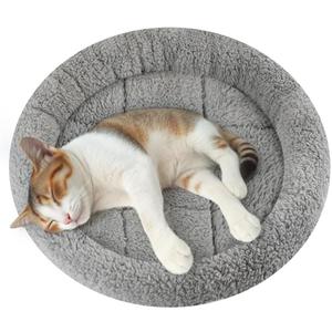 Enjoying Small Cat Bed Mat, 11.81" Round, Self Warming Cat Mat with Pillow Around, Dog Kitty Curling Sleep Cushion, Soft Kitten Pad for Carrier/Crate, Rabbit Warm Bed, Antiskid Bottom, Small