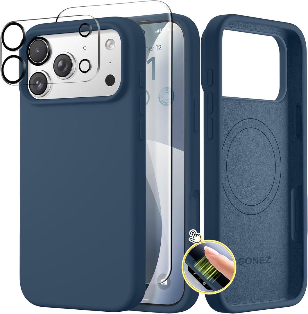 GONEZ Magnetic for iPhone 17 Pro Case, Compatible with MagSafe, [Screen Protector + Camera Lens Protector], Liquid Silicone Anti-Scratch Shockproof Protective Phone Case 6.3 inch, Dark Blue