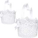 Boao Flower Girl Basket Set of 2 White Wedding Flower Baskets with Satin Bowknot and Handle for Wedding Ceremony Petals Confetti Gift Storage Collection, Hollow Design(5.90 x 4.72 x 4.33 Inch)
