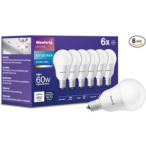 E17 Intermediate Base LED Bulb, 6W (60 Watt Equivalent) G14 Globe Ceiling Fan Light Bulbs, Daylight White 5000K, 600 Lumens, Non-Dimmable, Pack of 6