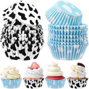 Cunhill 300 Pcs Paper Baking Cups Include 150 Cloud Blue Cupcake Liners 150 Cow Print Cartoon Story Cupcake Topper for Cake Balls Muffins Toy Theme Birthday Baby Shower Party Supplies