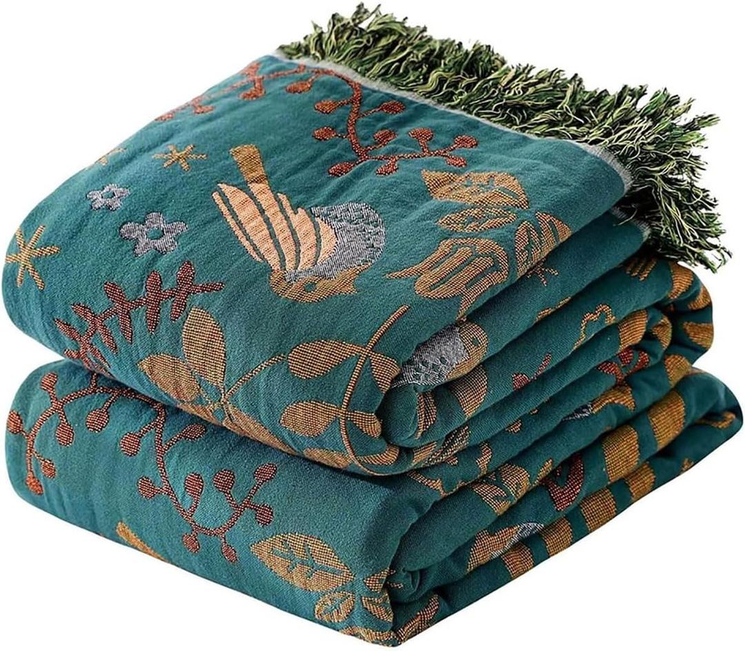 Boho Throw Blanket - 100% Cotton Soft Throw Blanket for Bed, 60"x80" Reversible Breathable Lightweight Spring Blankets, All Seasons Farmhouse Decor Floral Plant Throw Quilt (03-spring Bird Blue)