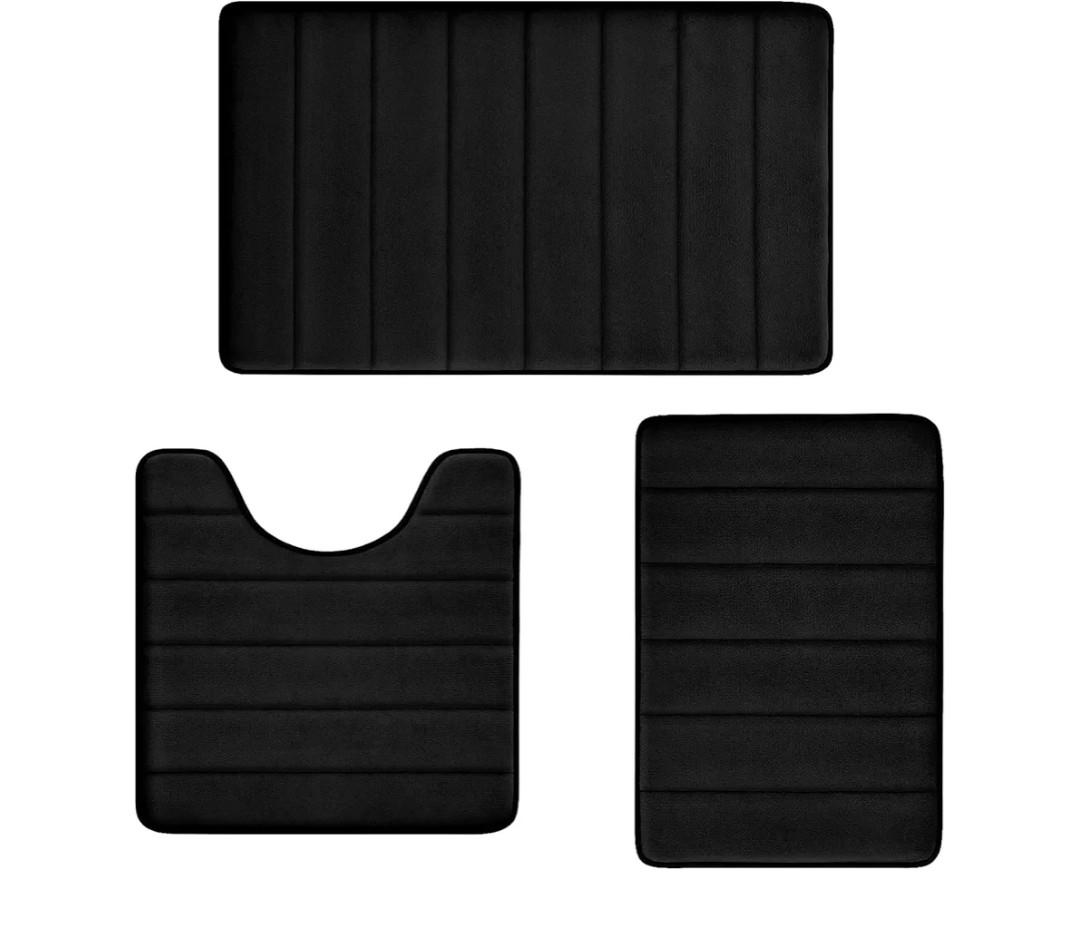 Bathroom Rugs Set Memory Foam Bath Rugs NonSlip Bath Mat Set 3 Piece,Washable Bathroom Mats,Absorbent Shaggy Rugs Super Soft UShaped Toilet Rug,Bahroom Carpets for Bathroom,Tub,Shower（Black）
