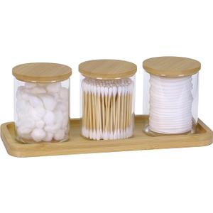 Qtip Holder with Vanity Tray, 3 Pack Glass Apothecary Jars with Lids, Bathroom Accessories Canisters Organizers Jars Containers for Cotton Ball Round Swab Pad Hair Ties Floss Perfume Jewelry