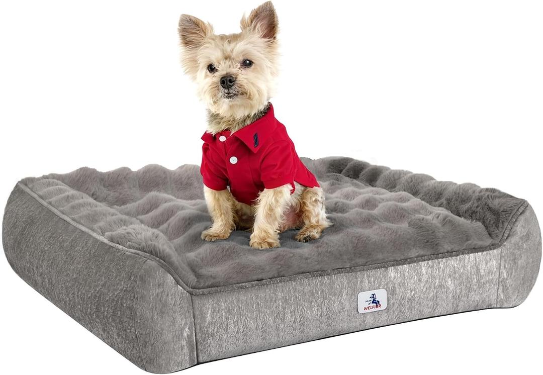 Dog Bed with Shredded Foam Filling, 35" * 25" Calming Pet Sofa with Removable Washable Cover, Soft Faux Fur Bolster Couch for Dogs, Anti-Slip Bottom (Gray, Small)