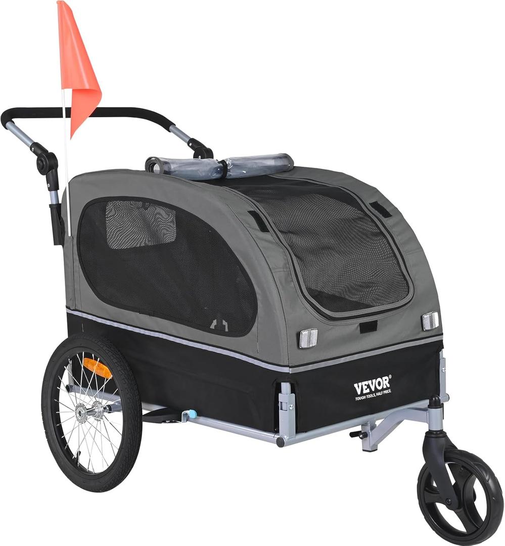 VEVOR Dog Bike Trailer, Supports up to 66/88/100 lbs, 2-in-1 Pet Stroller Cart Bicycle Carrier, Easy Folding Cart Frame with Quick Release Wheels, Universal Bicycle Coupler, Reflectors, Flag