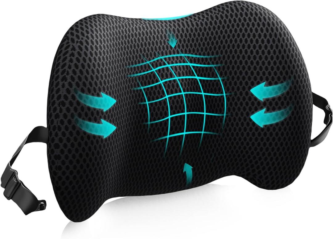 Lumbar Support Pillow for Office Chair, Car Lumbar Pillow Lower Back Pain Relief, Memory Foam Back Cushion with 4D Mesh Cover and Adjustable Straps, Ergonomic Chair Back Pillow for Car,Bed, Gaming (Black)