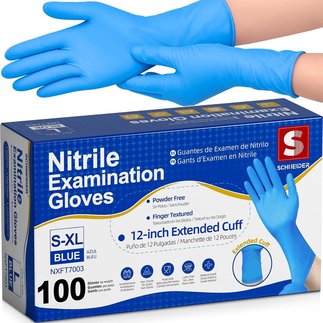 Schneider Nitrile Exam Gloves, Extended 12 Inches Cuff, Medium, 4 mil, 100-ct Box, Gloves Disposable Latex Free, Powder Free for Medical, Food Prep, Cleaning, Cooking, Blue (Blue, M)