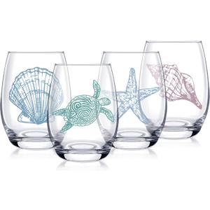 4 PCS Ocean Stemless Wine Glasses-17 Oz Coastal Glassware Gifts for Beach Lovers-Sea Turtle,Seashell,Starfish,Conch Wine Cups Set for Women Men,Dishwasher Safe,Birthday,Mothers Day,Easter