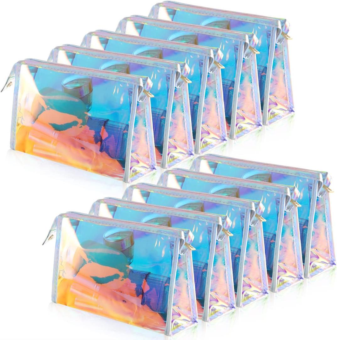 BESARME 10 Pcs Holographic Makeup Bags, Clear PVC Makeup Bag Iridescent Pouch Portable Zippered Toiletry Bag Waterproof Cosmetic Bags Bathroom Vacation Party Favors