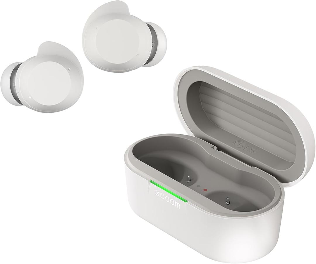 LG xboom Buds by will.i.am, xboom Signature Sound by will.i.am with Graphene Drivers, 3 Mic Active Noise Cancellation, Up to 30 Hours of Battery, IPX4 Water Resistant, White