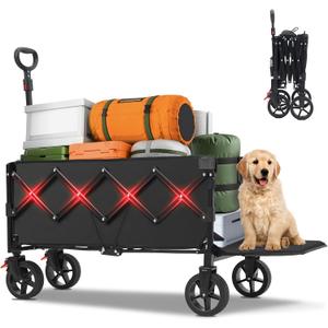 Collapsible Wagon Cart-Utility Foldable Wagon with Tailgate, Brakes, Anti-Rebounding Handler & 2 Cup Holders, for Groceries, Camping, Shopping, Garden - Sekey& Sunula Black