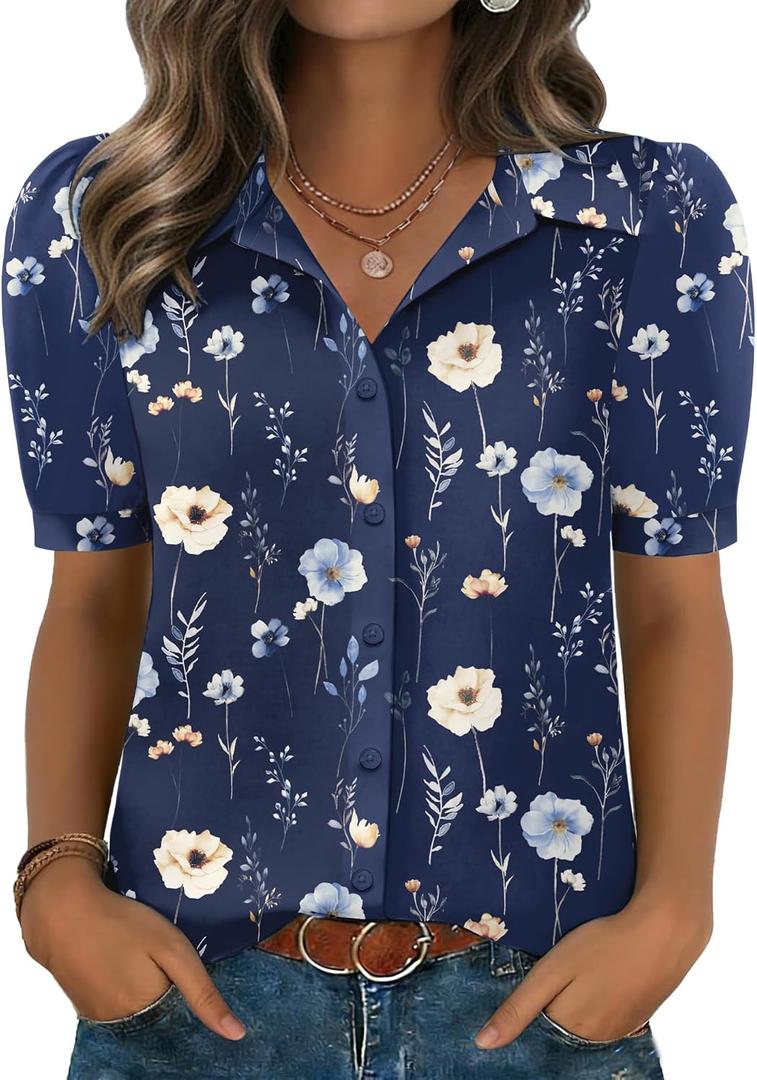 Zeagoo Women Button Down Shirts Puff Short Sleeve Blouses Chiffon Tops Business Casual Outfits Summer Clothes (Blue, M)