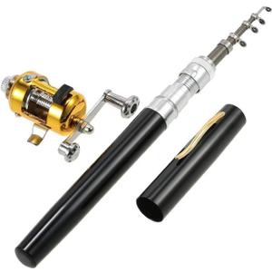 Jatzde Mini Portable Pocket Fish Rod Pen Aluminum Alloy Fishing Rod Pole Reel Combos (Black)