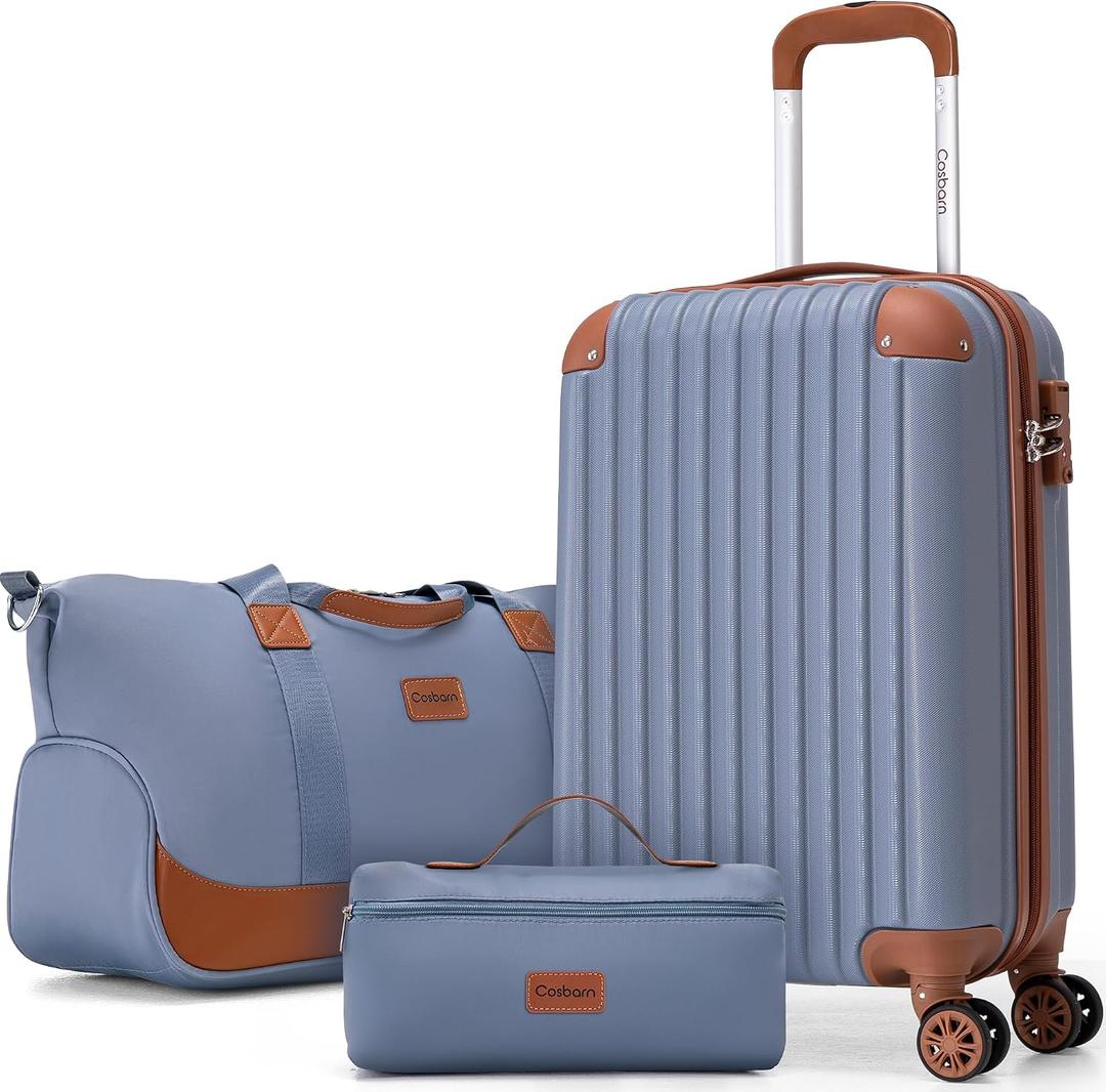 Cosbarn Carry On Luggage Sets 3 Piece, 20 Inch Luggage 22x14x9 Airline Approved with Wheels and TSA Lock, ABS Lightweight Hardshell Travel Suitcase Set with Duffel Bag Travel Bag for Men Women