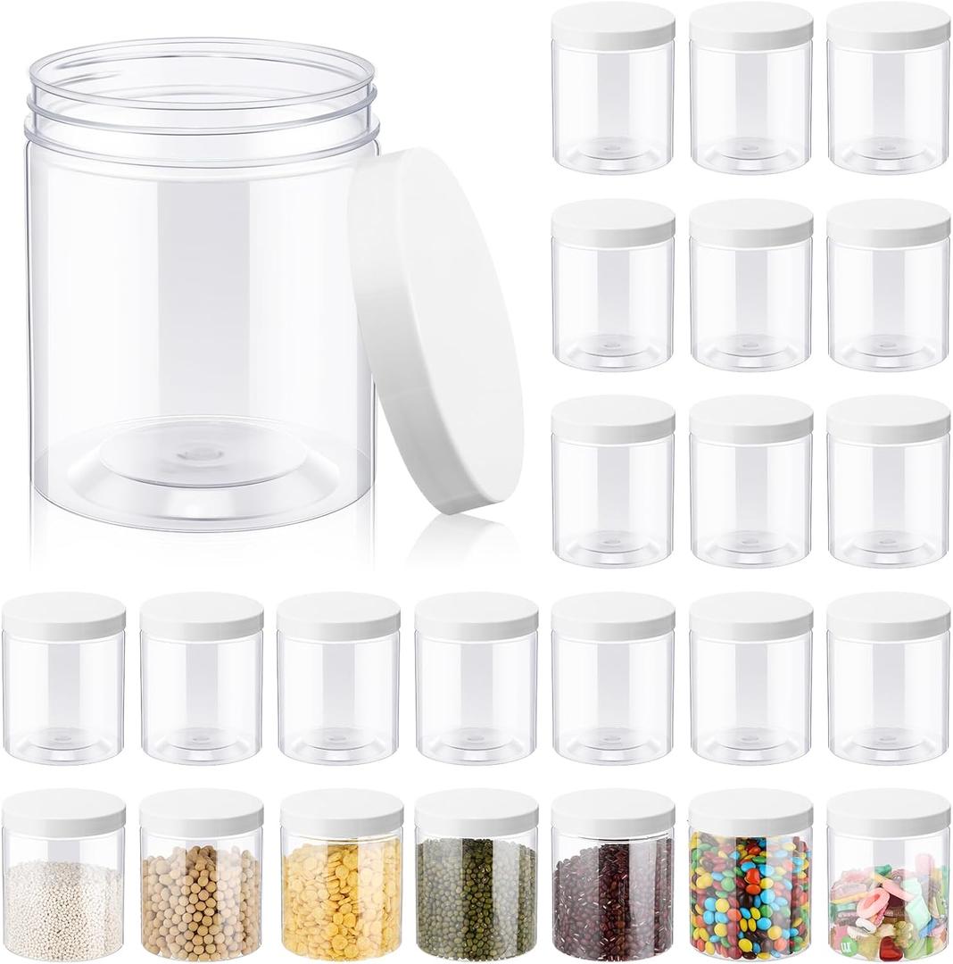 Irenare 24 Pcs 16 oz Plastic Jars with Lids Clear Plastic Containers Wide Mouth Food Mason Jars Airtight Storage Containers for Cake, Dried Fruit, Honey, Nuts, Carft, Scrub Cream(White Lids)