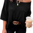 Dokotoo Women's Fashion Casual Spring Summer Shirts and Blouses for Women 2023 Pullover Sweater Off Shoulder T-Shirts 3/ 4 Sleeve Tunic Tops Loose Shirts Blue Large