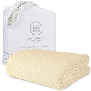 Threadmill Luxury Cotton Blankets for Queen Size Bed | All-Season 100% Cotton Queen Size Blanket | Herringbone Cozy, Soft Breathable Fall Thermal Blanket fits Full Size Bed | Vanilla Cream, 