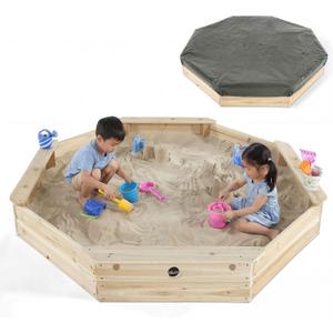 Plum Wooden Large Sandbox with Cover - Outdoor Octagon Sand Box for Kids, Toddler Sensory Toys, Outdoor Wooden Sand Pit with Seat Boards and Bottom Liner, Weatherproof, Easy Assembly, Ages 3+ Years