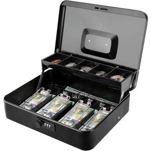 Jssmst Locking Large Metal Cash Box with Money Tray, Money Box with Combination Lock, Black