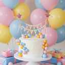 16 Pcs Happy Birthday Cake Topper Cake Bunting Topper Banner with Wood Pole Rainbow Garland with Bow Ribbon Balloon Cupcake Decor for Birthday Baby Shower (Pink,Blue,Yellow)