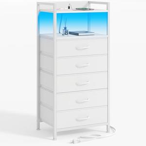 Furnulem White Nightstand with 5 Storage Drawer, Tall Dresser for Bedroom with Led Light and Charging Station, Side Table Nightstand for Closet, Fabric Bins, Metal Frame, Wood Shelf (White)