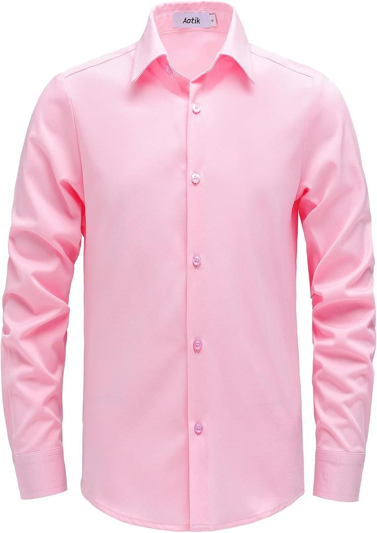 AOTIK Boys Dress Shirts Long Sleeve Button Down Shirts Stretch Formal School Uniform Shirt 2 Fits (Regular/Husky) 3 Pink