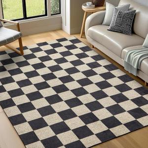 Washable Rug 5x7 Checkered Rug, Black and White Area Rug, Boho Large Rugs for Living Room, Low Pile Lightweight Indoor Carpet with Non-Slip Backing for Bedroom Classroom Playroom Kids