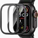 Amizee 2 Pack Metal Case Compatible with Apple Watch Ultra 3/2/1 Screen Protector Case 49mm with Tempered Glass, Metal Frame Built in HD Glass Protective Cover for iWatch 49mm (A-Black)