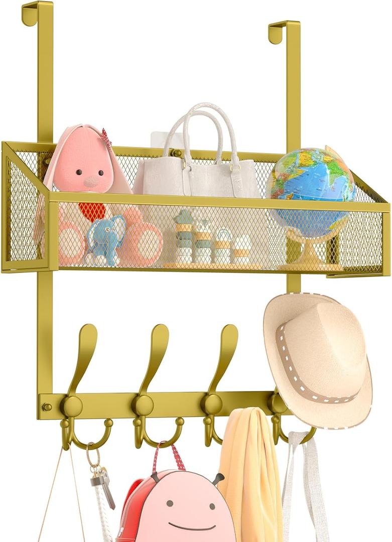Over The Door Hooks Organizer, Coat Rack Over The Door Storage Hanger Towel Rack, Back of Door Storage Organizer for Bathroom,Bedroom,Kitchen,Office (Gold, 2-Tier)