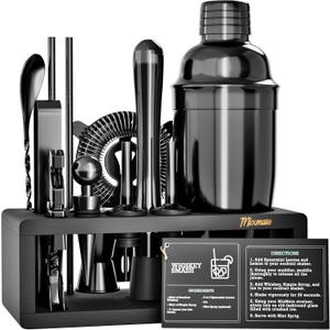 Black Stainless Steel Cocktail Shaker Set with Wood Stand - 15 Piece Bartender Kit with Drink Shaker, Bar Spoon, Jigger, Muddler, Strainer, Bottle Opener, Stopper, Pour Spout, Stirrers, Tongs, Recipes (Gun Metal/Black)